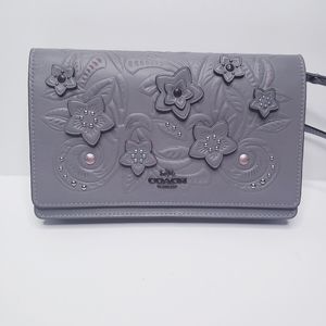 Coach Hayden crossbody foldover clutch wallet floral tooled leather grey